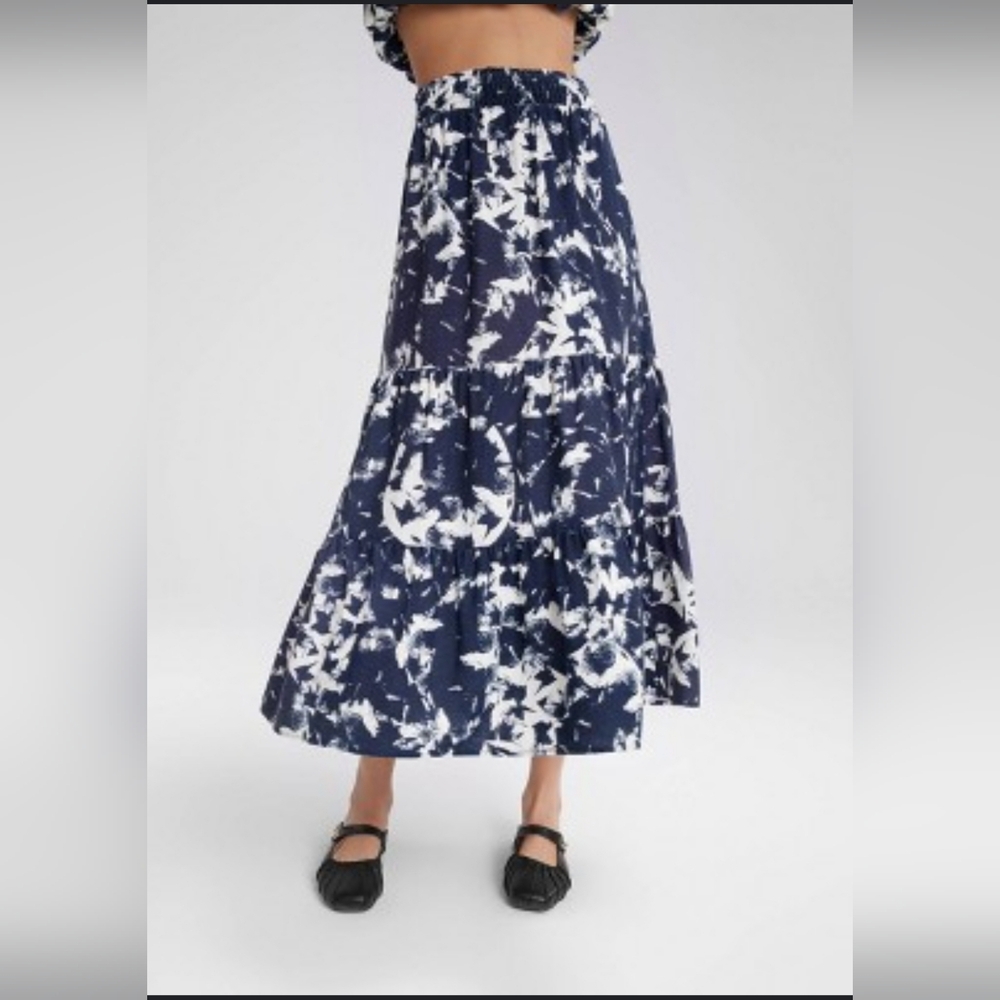 WILD FABLE shirred waistband A-line skirt, cream/navy